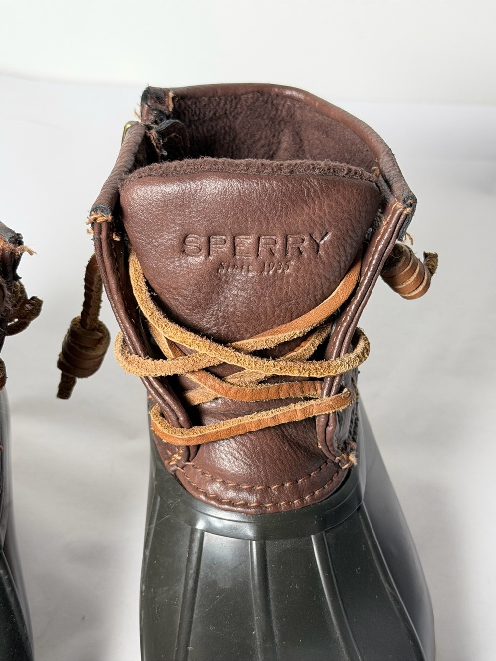 Sperry Kids Brown Leather & Black Rubber Rain Boots with Tan Laces - Picture 2 of 13